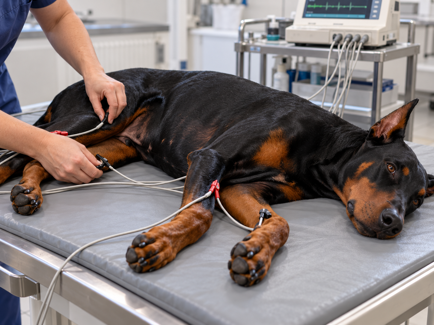 Veterinár vyšetruje psa po epizóde náhleho kolapsu